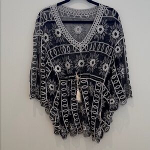 Black and White Embroidered Women's Top